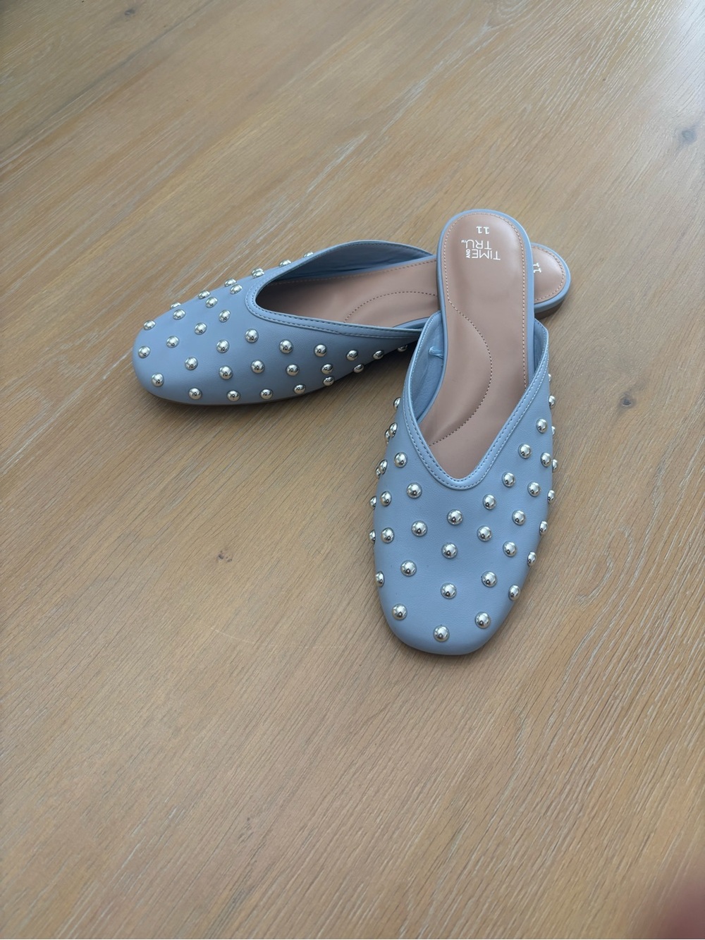 Time and Tru Blue Studded Slip-On Mules